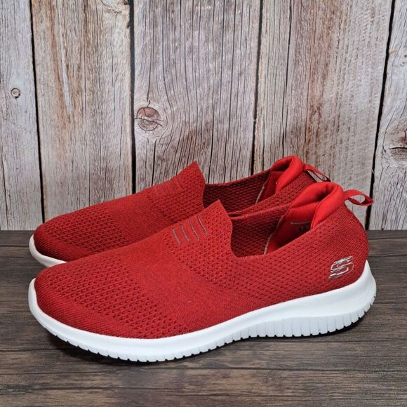 RARE Skechers Ultra Flex Harmonious Red Knit Slip on Walking Sneaker Women's 7 - Picture 1 of 9